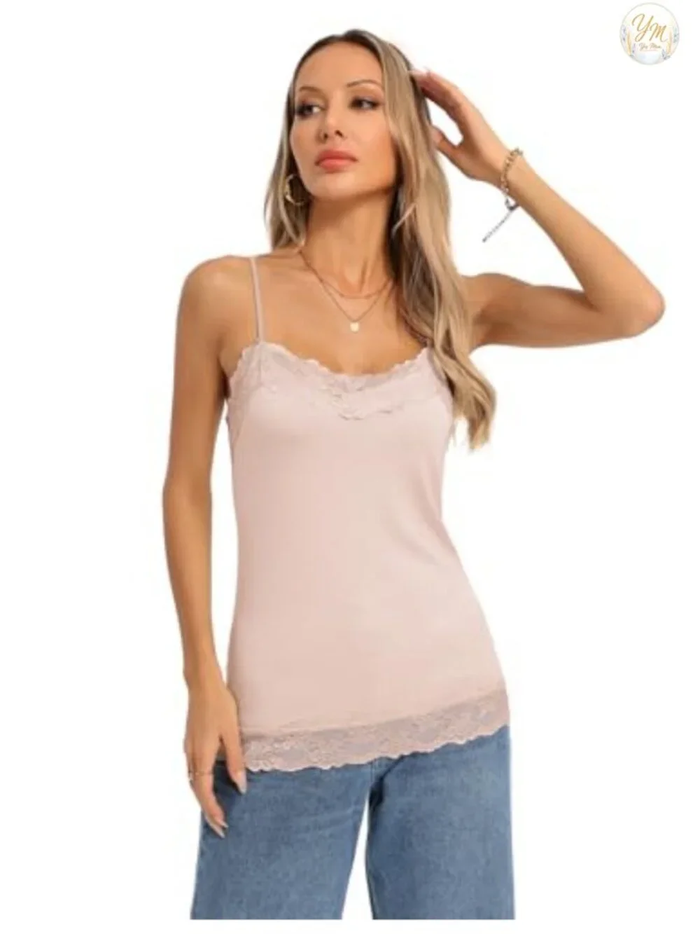 Women's Adjustable Spaghetti Strap Lace Trim Cami Tunic Tank Top 2-Pack V-Neck